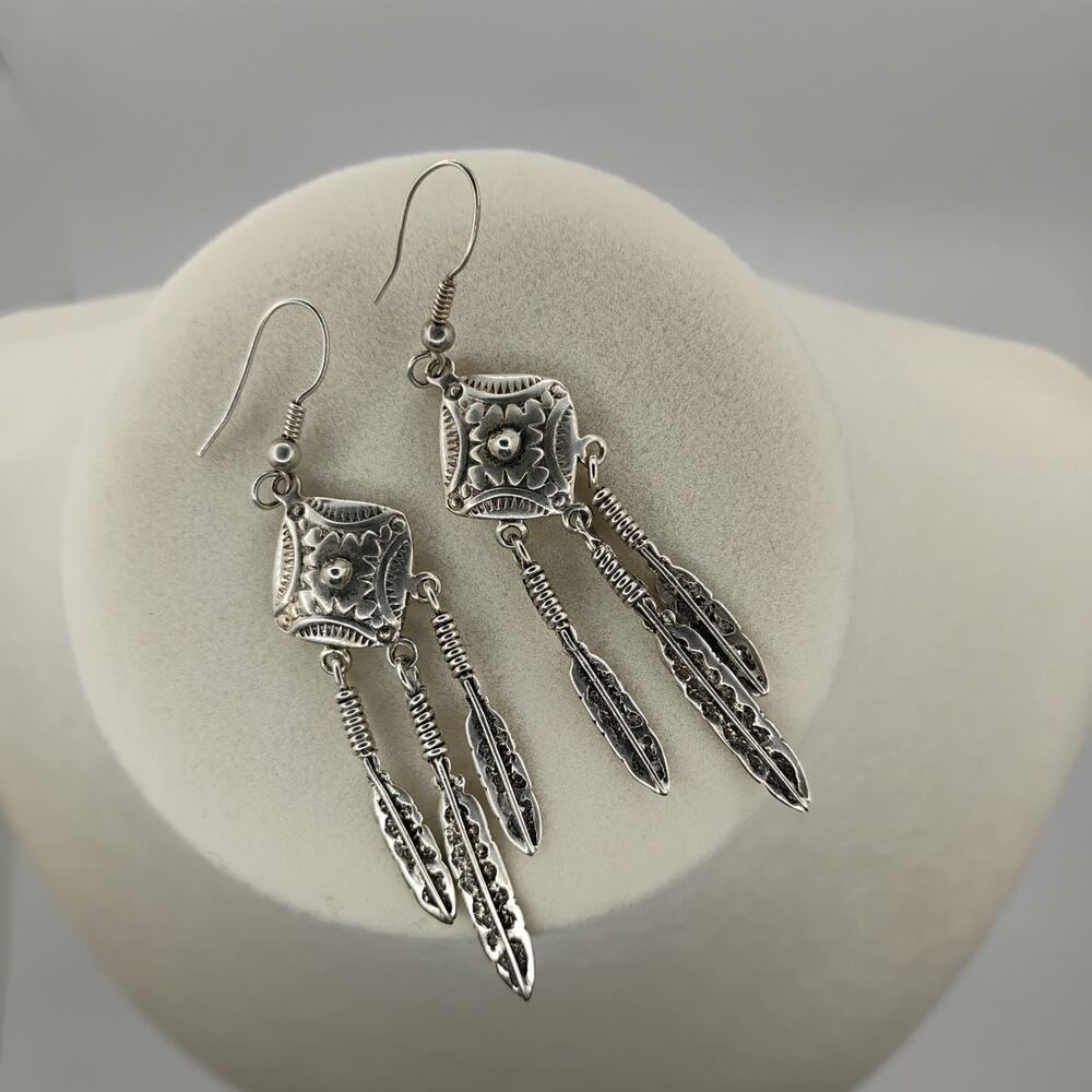 Southwestern Diamond Concho Feather Earrings in Sterling Silver